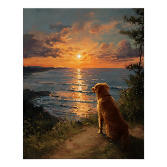 Golden Retriever Sunset Ocean View Art Poster (Front)