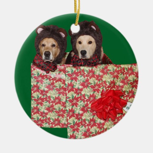 Golden Retriever Teddy Bears in a Christmas Gift Ceramic Ornament