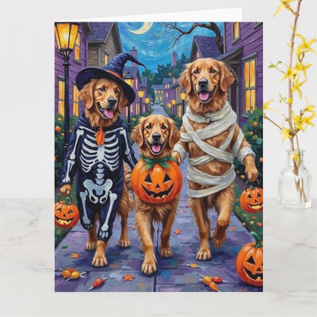 Golden Retriever Trick-or-Treating Halloween Card (Yellow Flower)