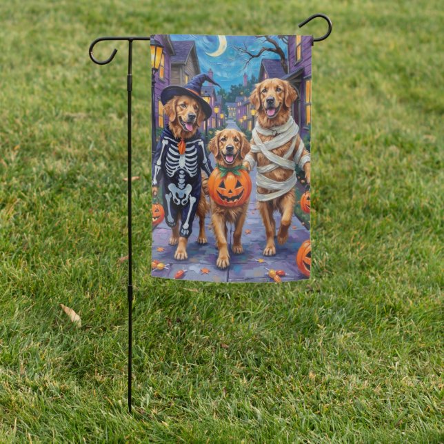 Golden Retriever Trick-or-Treating Halloween Garden Flag (In SItu)