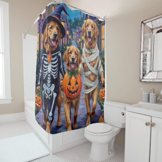 Golden Retriever Trick-or-Treating Halloween Shower Curtain (In Situ)