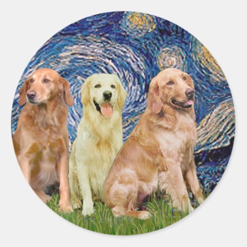 Golden Retriever Trio _ Starry Night Classic Round Sticker