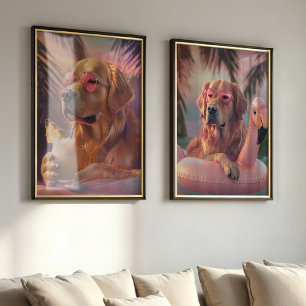 Golden Retriever Tropical Summer Pet Portrait  Wall Art Sets