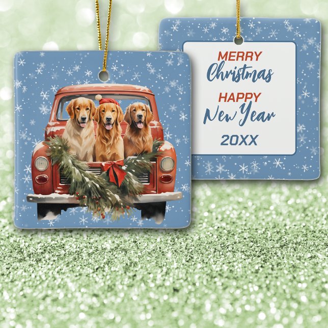 Golden Retriever Truck Trio Christmas Ceramic Ornament (Creator Uploaded)