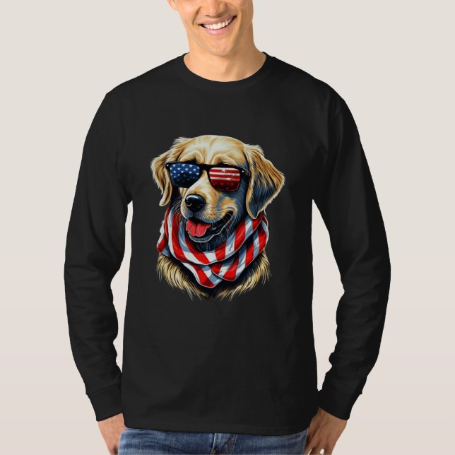 Golden Retriever USA Patriotic Pup in Sunglasses T-Shirt (Front)