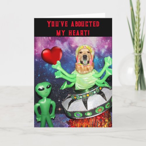 Golden Retriever Valentine Alien Heart Abduction Card