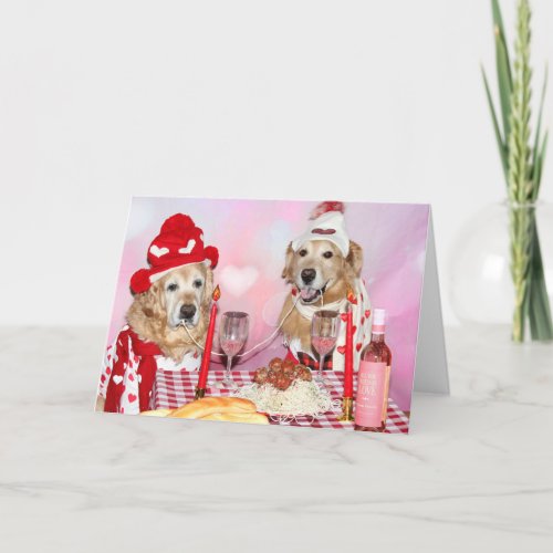 Golden Retriever Valentine Sharing Spaghetti Card