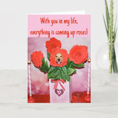 Golden Retriever Vase of Roses Valentines Day Holiday Card