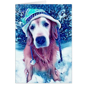 Golden Retriever Vibrant Blue Winter Wishes Art Cards