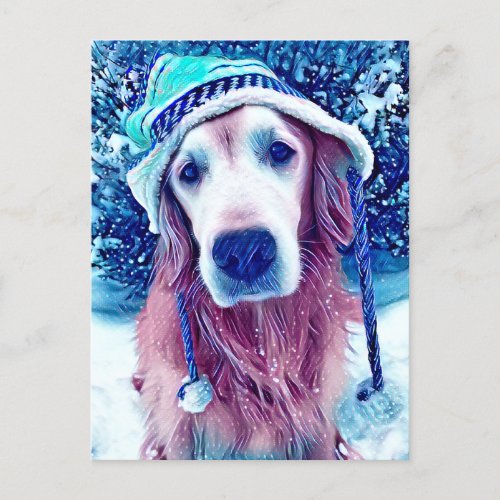 Golden Retriever Vibrant Blue Winter Wishes Art Postcard