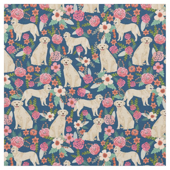 golden retriever vintage florals navy fabric (Close Up)