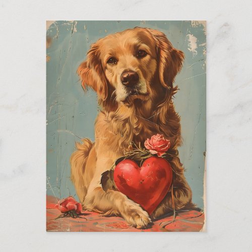 Golden Retriever Vintage Valentines Day  Postcard