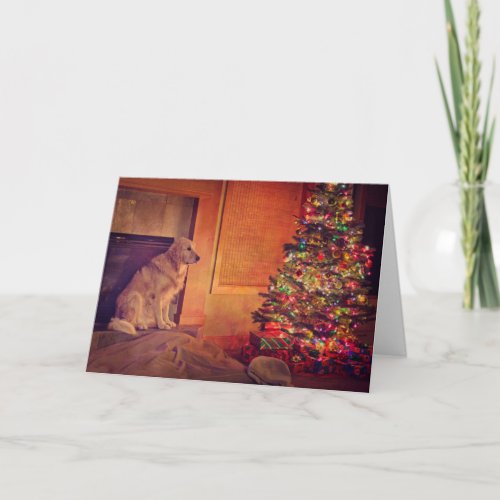 Golden retriever waits by fireplace holiday card