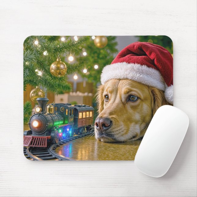 Golden Retriever Watching a Christmas Toy Train Mouse Pad (With Mouse)