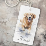 Golden retriever watercolor custom name text keychain<br><div class="desc">Keyring featuring a beautiful watercolor painting of a Golden retriever running through water and customizable text,  for example a name.</div>