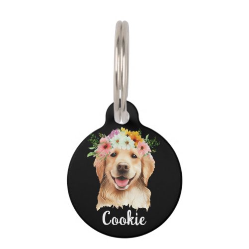 Golden Retriever Watercolor Flower Round Pet Tag