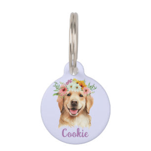 Golden Retriever Watercolor Flower Round Pet Tag