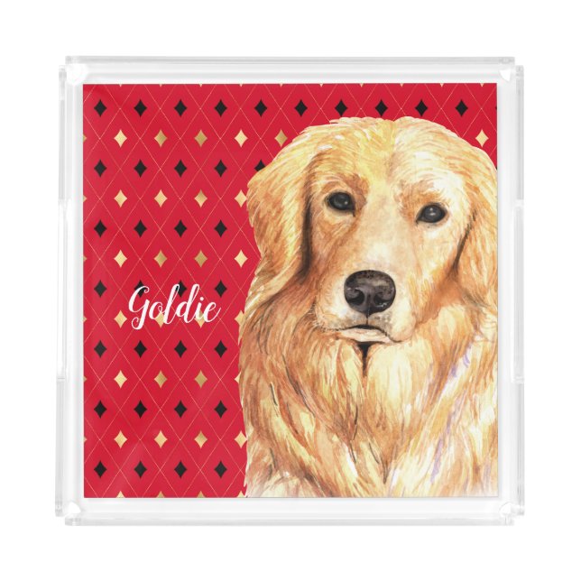 Golden Retriever Watercolor Personalized Acrylic Tray (Front)