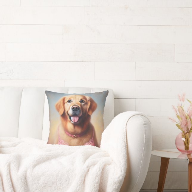 Golden Retriever Wearing a Pink Bra Throw Pillow (Couch)