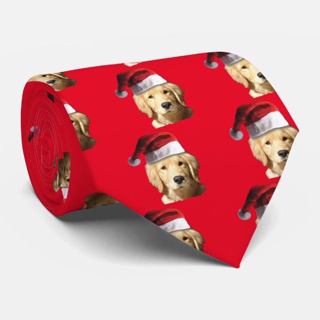 Golden Retriever Wearing a Santa Claus Hat Neck Tie (Rolled)