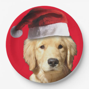 Golden Retriever wearing a Santa Claus Hat Paper Plates
