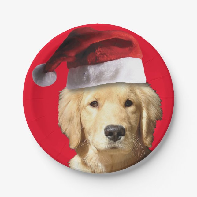 Golden Retriever wearing a Santa Claus Hat Paper Plates (Front)