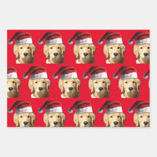Golden Retriever wearing a Santa Claus Hat Wrapping Paper Sheets