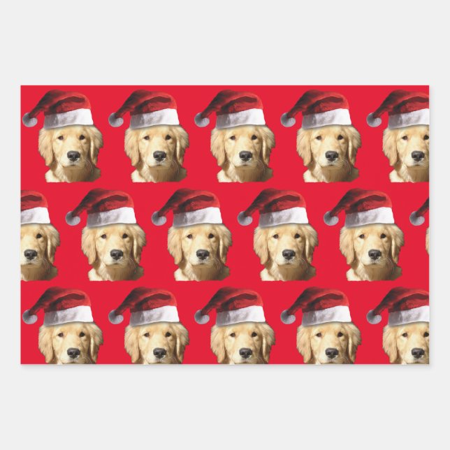 Golden Retriever wearing a Santa Claus Hat Wrapping Paper Sheets (Front)
