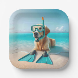 Golden Retriever Wearing Snorkel and Flippers Paper Plates