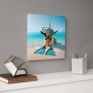 Golden Retriever Wearing Snorkel and Flippers Square Wall Clock