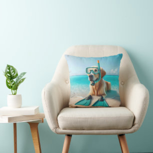 Golden Retriever Wearing Snorkel and Flippers Throw Pillow