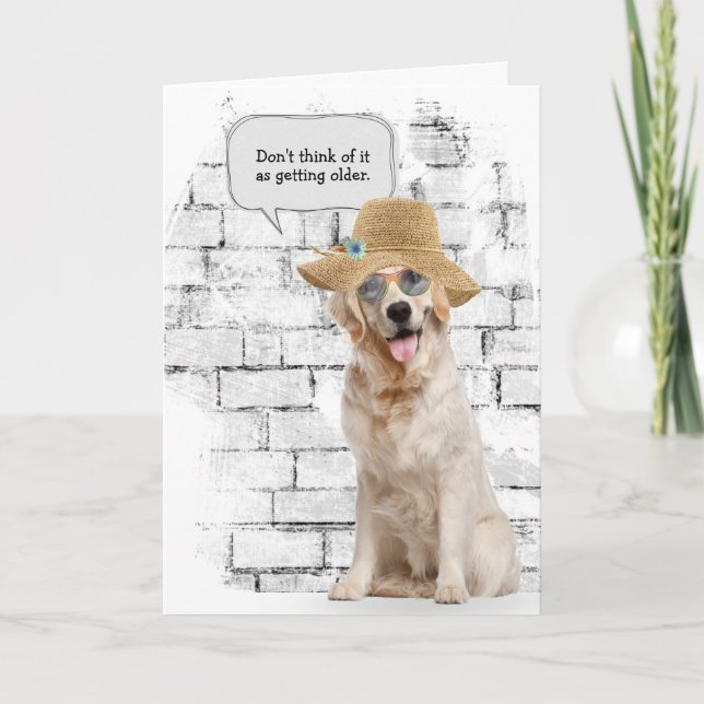 Golden Retriever wearing straw hat birthday Card (Front)