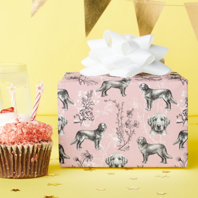 Golden Retriever Wildflower Pink Toile Vintage Wrapping Paper (Birthday Party)