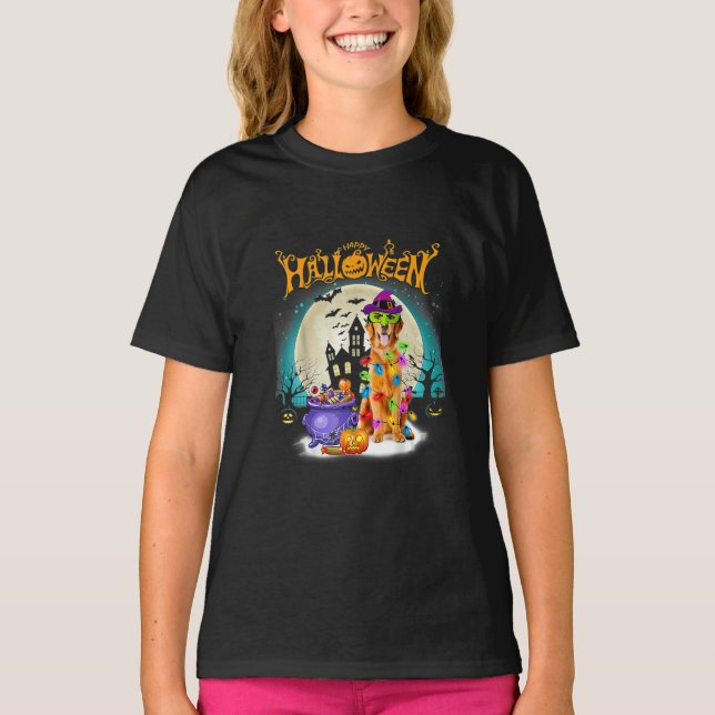 Golden Retriever Witch Customs Halloween Lights T-Shirt (Front)