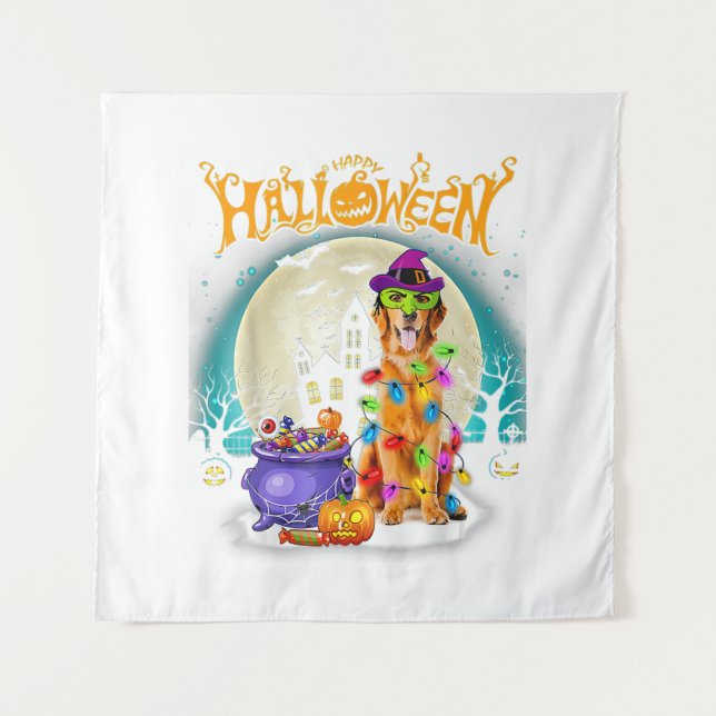 Golden Retriever Witch Customs Halloween Lights Tapestry (Front)