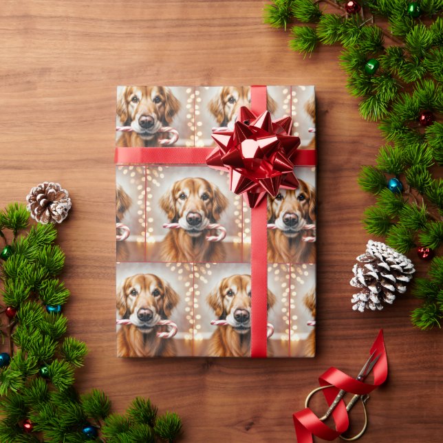 Golden Retriever With a Candy Cane Wrapping Paper (Holiday Gift)