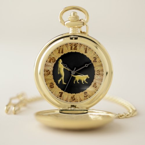 Golden Retriever with a dog walker in gold 1 Pocket Watch