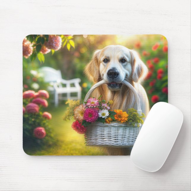Golden Retriever With a Flower Basket Mouse Pad (With Mouse)