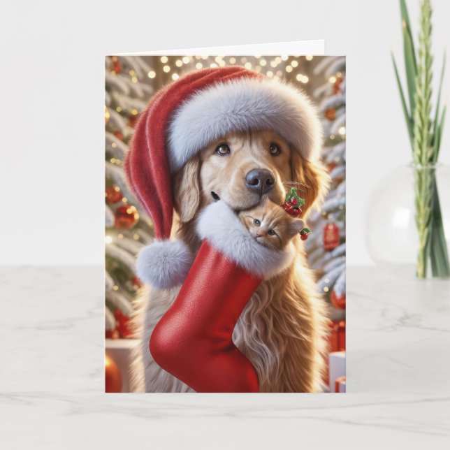 Golden Retriever With a Kitten In a Stocking Holiday Card (Front)