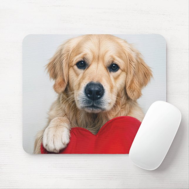 Golden Retriever With a Red Heart Pillow Mouse Pad (With Mouse)