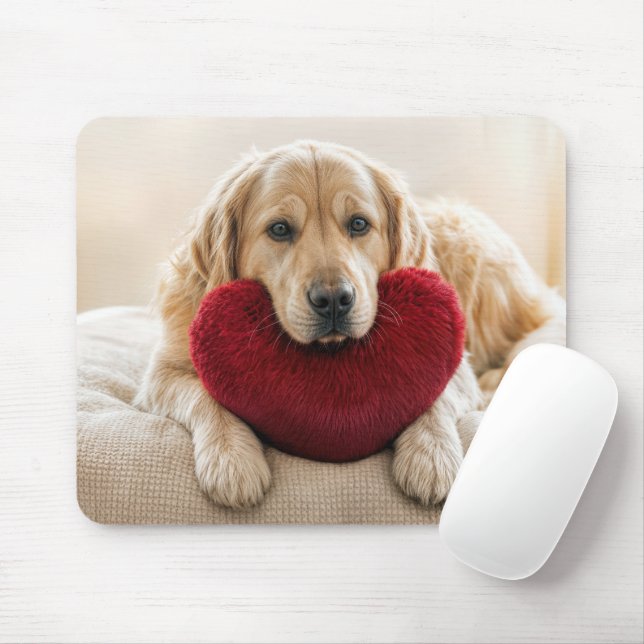 Golden Retriever With a Red Heart Pillow Mouse Pad (With Mouse)