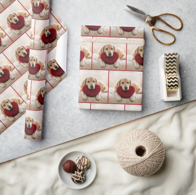 Golden Retriever With a Red Heart Pillow Wrapping Paper (Crafts)