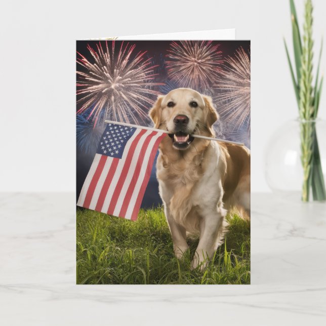 Golden Retriever With American Flag Card (Front)