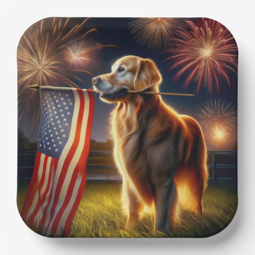 Golden Retriever With American Flag Paper Plates