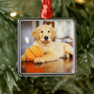 Golden Retriever With Basketball Toy Metal Ornament