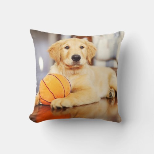 Golden Retriever With Basketball Toy Throw Pillow