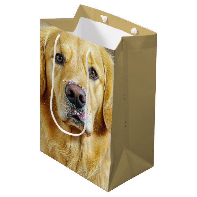 Golden Retriever With Birthday Cake Sprinkles Medium Gift Bag (Front Angled)