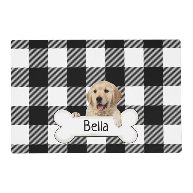 Golden retriever with bone and plaid placemat (Front)