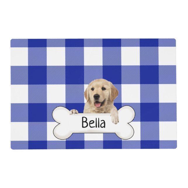 golden retriever with bone on blue plaid placemat (Front)