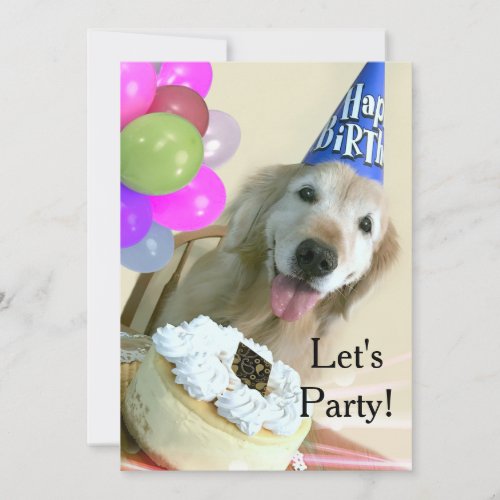 Golden Retriever With Cake and Balloons Birthday Invitation